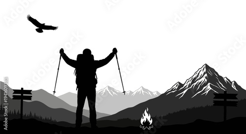 Hiker silhouette celebrating success in mountain landscape with eagle and fire