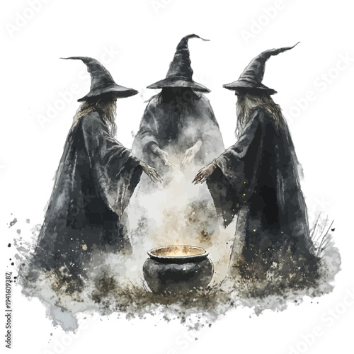 Watercolor trio of witches in black robes brewing a potion in a cauldron