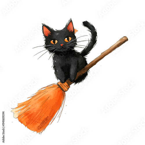 Watercolor cute black cat sitting on a flying witch broomstick