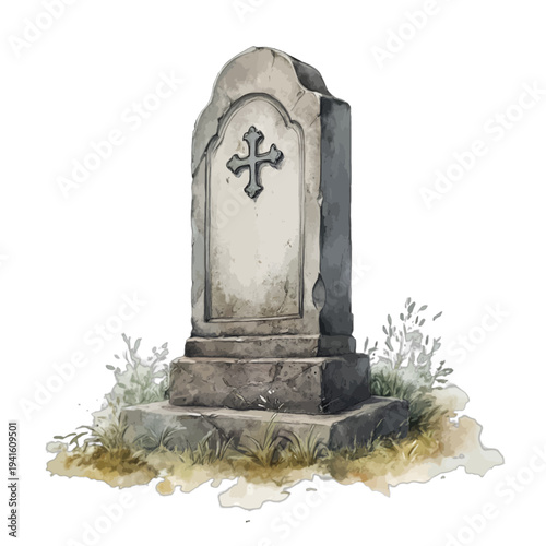 Watercolor old weathered gravestone with cross and green grass