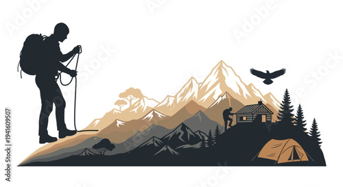 Hiker silhouette on mountain landscape exploring nature vector illustration