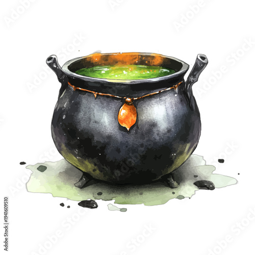 Watercolor black witch cauldron bubbling with vibrant green magic potion