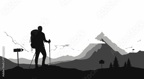 Hiker silhouette on mountain peak overlooking scenic landscape vector graphic