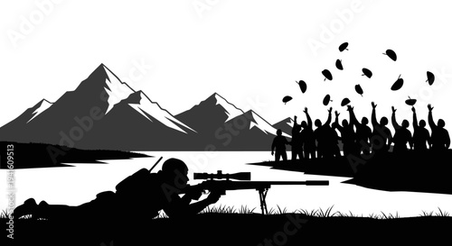Sniper aiming at crowd throwing hats in front of mountains
