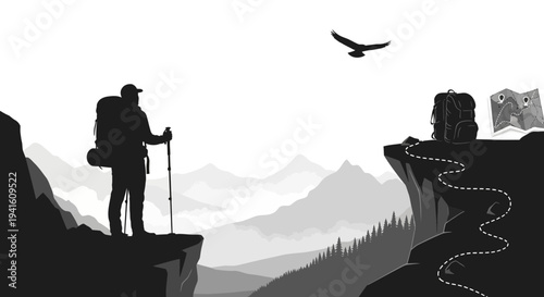 Hiker silhouette on mountain peak with backpack and map illustration
