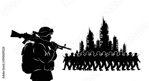 Silhouette Soldier with Rifle and Marching Army Against Ruined Cityscape