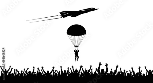 Skydiver Parachuting from Jet Plane with Cheering Crowd Below