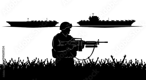 Silhouette Soldier with Machine Gun and Aircraft Carriers in Background, Military Concept