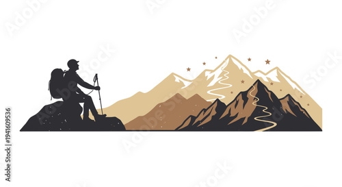 Hiker silhouette on a mountain ridge with scenic peaks and trails vector illustration