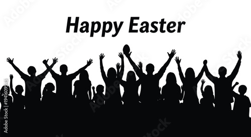 Happy easter celebration with people raising hands in joyful vector graphic illustration