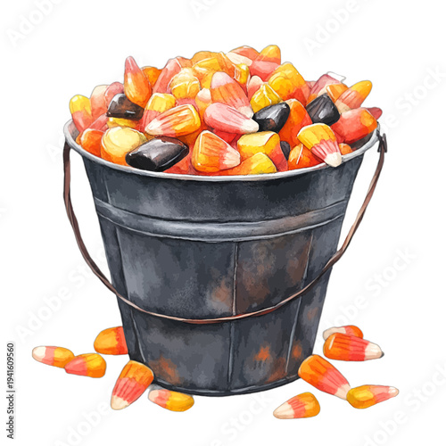 Watercolor rustic metal bucket overflowing with Halloween candy corn