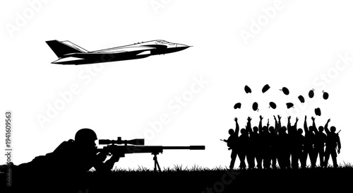 Sniper Aims at Jet as Soldiers Celebrate with Hat Toss
