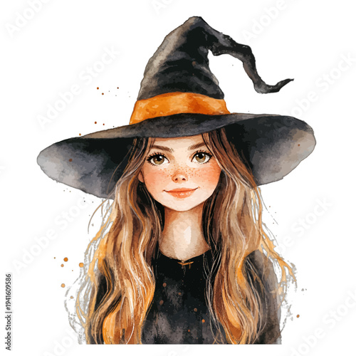 Watercolor beautiful young witch portrait in black hat with orange band