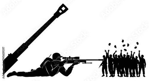 Sniper soldier aiming at crowd, military operation, war, conflict, army, troops, battle