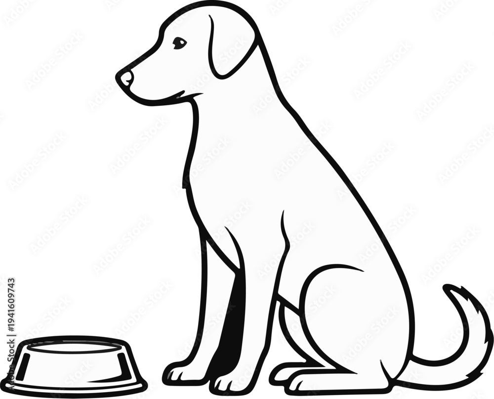 Fototapeta premium A black and white line drawing of a dog sitting patiently beside an empty food bowl