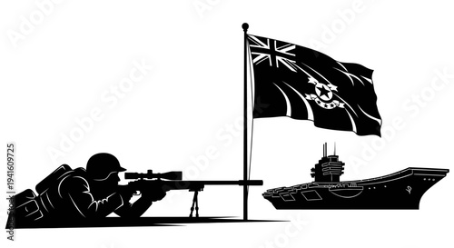 Soldier Aims Rifle Near Warship and Flag, Military Silhouette