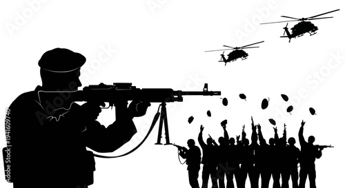 Soldier Aiming Rifle, Helicopters Overhead, Crowd Cheering with Flags