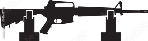 Assault rifle silhouette vector illustration on stand line art isolated on transparent background