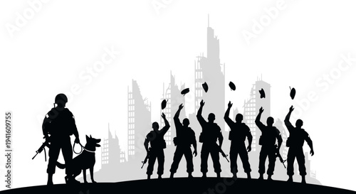 Soldier and Dog Patrol Ruined Cityscape, Survivors Celebrate Victory