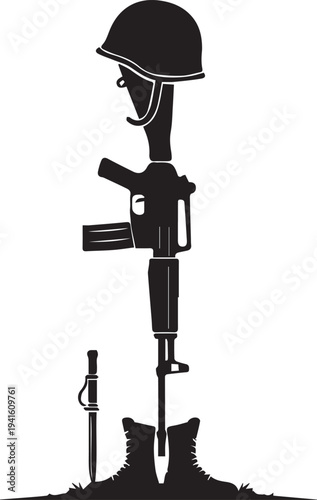 Battlefield cross memorial vector silhouette fallen soldier illustration rifle and helmet