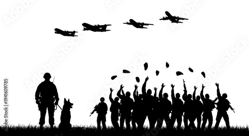 Soldier And Dog Watch Airplanes Fly Over Crowd Celebrating