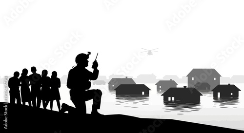 Soldier coordinating rescue operation during flood disaster with helicopter and submerged houses