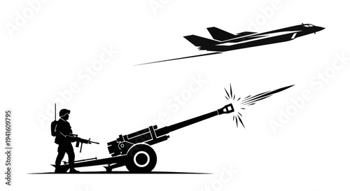 Soldier Fires Artillery Cannon as Jet Flies Overhead