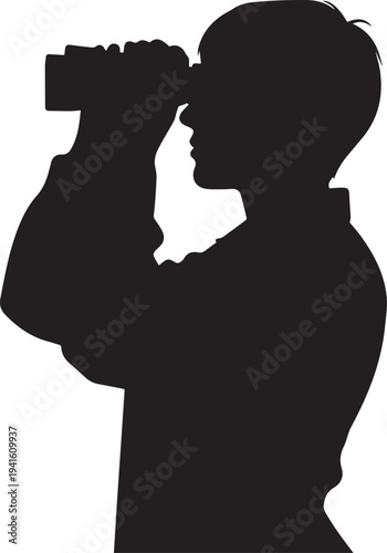 Man with binoculars looking searching vector silhouette illustration, observer scout line art
