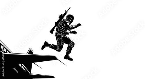 Soldier jumping from building with rifle, action, military, tactical, dynamic, combat, danger