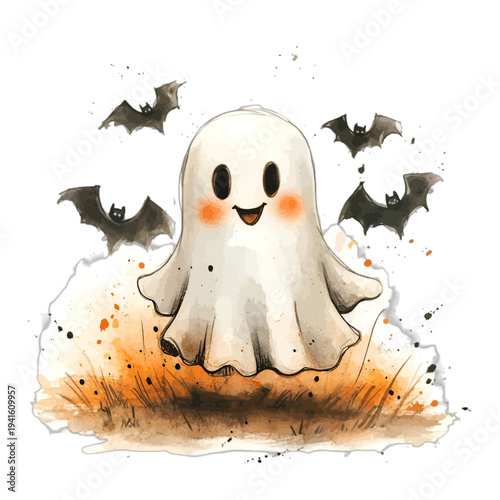 Watercolor cute happy ghost flying with black bats and orange splashes
