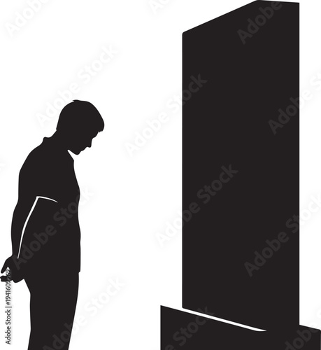 Man silhouette looking at blank screen vector illustration with transparent background line art