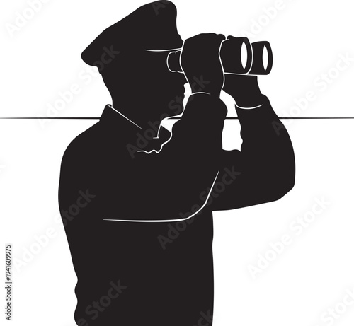 Man with binoculars silhouette vector illustration line art isolated on transparent background