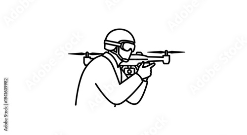 Soldier operating drone with goggles and helmet, military technology concept