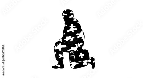 Soldier kneeling with medical bag, camouflage uniform, military medic concept