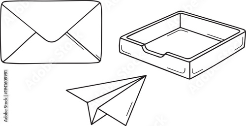 Set of 3 communication icons vector, envelope, paper airplane, inbox