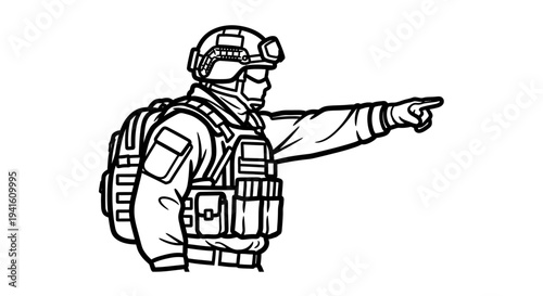 Soldier Pointing Forward, Military Action, Tactical Gear, Leadership, Direction