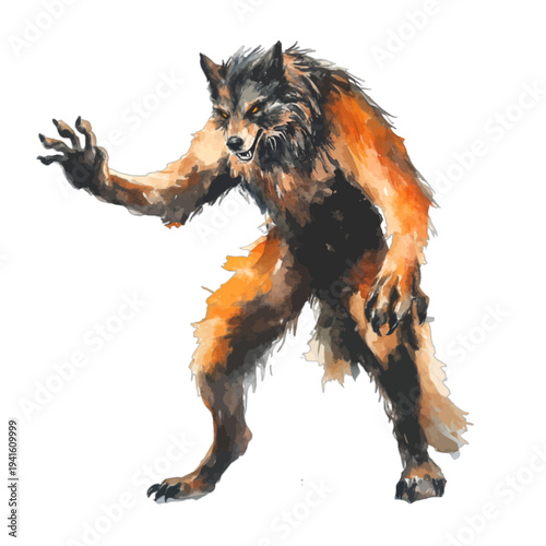 Watercolor spooky werewolf monster with vibrant orange fur and sharp claws