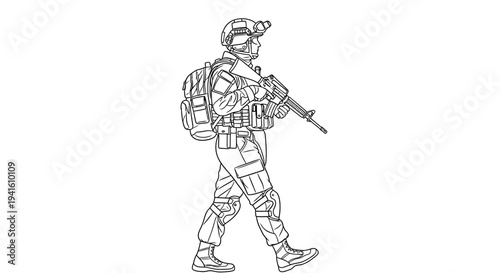 Soldier walking with rifle and backpack, military, army, special forces, combat gear, tactical equipment