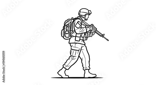 Soldier walking with rifle and backpack, military, army, combat, uniform, gear