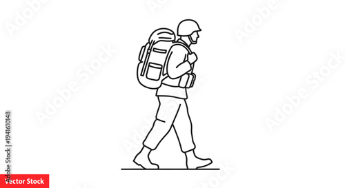 Soldier with Backpack Walking, Military Trekking, Outdoor Adventure, Line Art Icon