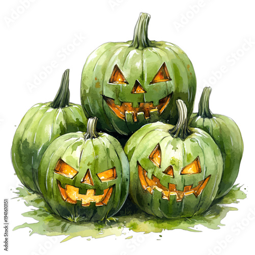 Watercolor stack of glowing green Halloween jack o lanterns with spooky faces