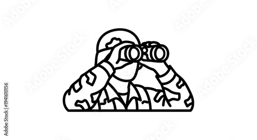 Soldier with binoculars looking through camouflage