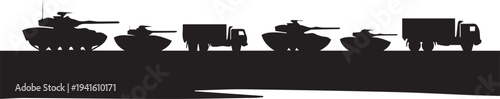 Military vehicle convoy silhouette illustration with tanks and trucks vector line art set