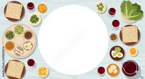 Passover Seder Table Top View Background with Matzah and Wine Flat Vector