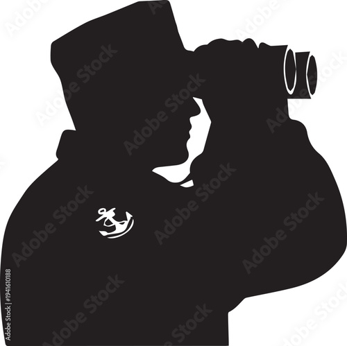 Sailor looking through binoculars vector silhouette illustration, seaman naval officer line art