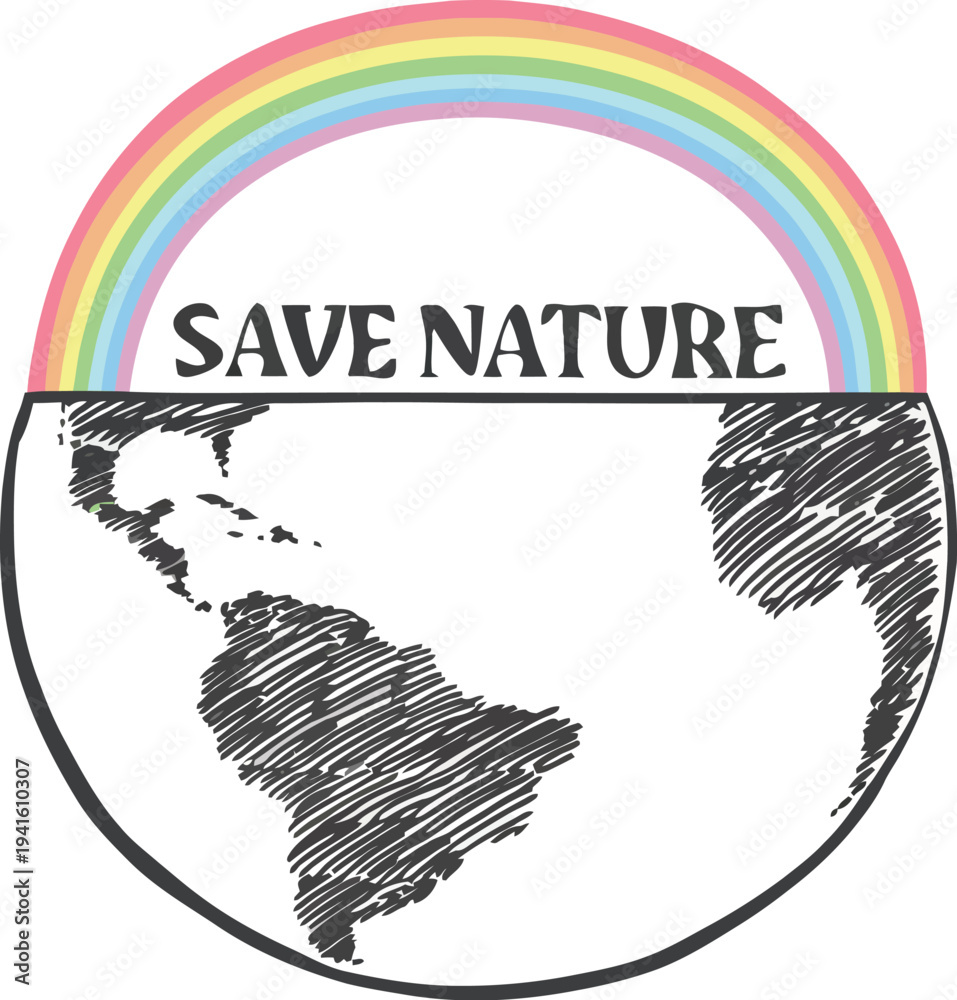 Fototapeta premium Save nature earth globe with rainbow and text