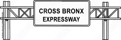A black and white line drawing of a large overhead road sign