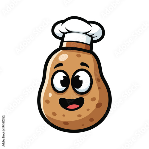 Cute potato chef character mascot with white hat, vector illustration isolated on white background.