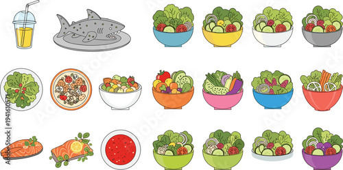 Healthy food vector set with fresh green salads in colorful bowls grilled salmon steak shark fish dish and orange juice for cafe menu