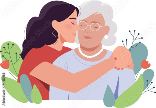 Young woman hugging older woman, surrounded by leaves